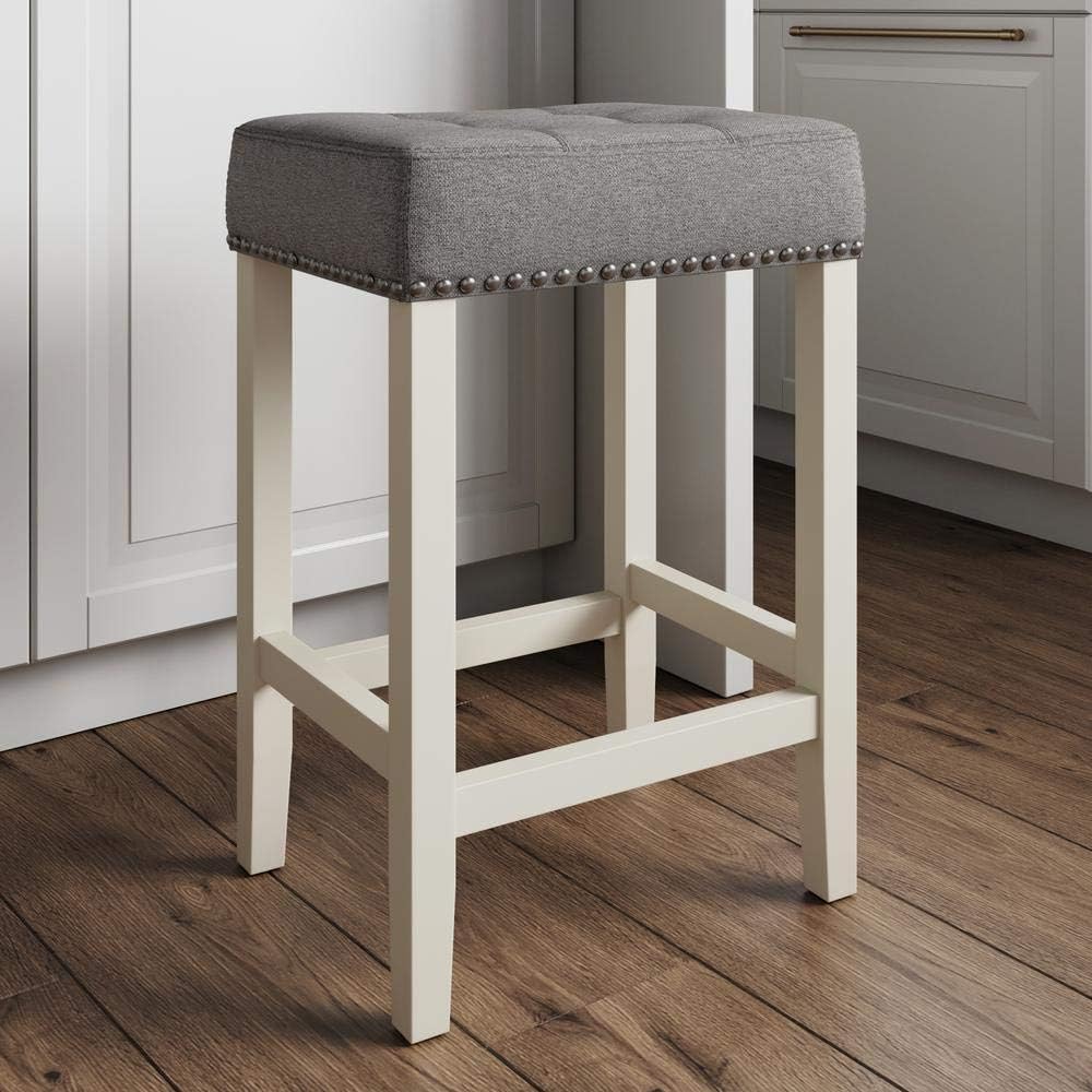 Nathan James Hylie Juego de 2 taburetes de madera para cubierta de cocina, altura de pub, 24 pulgadas, tupido, con tachuelas de tapicería, grisblanco