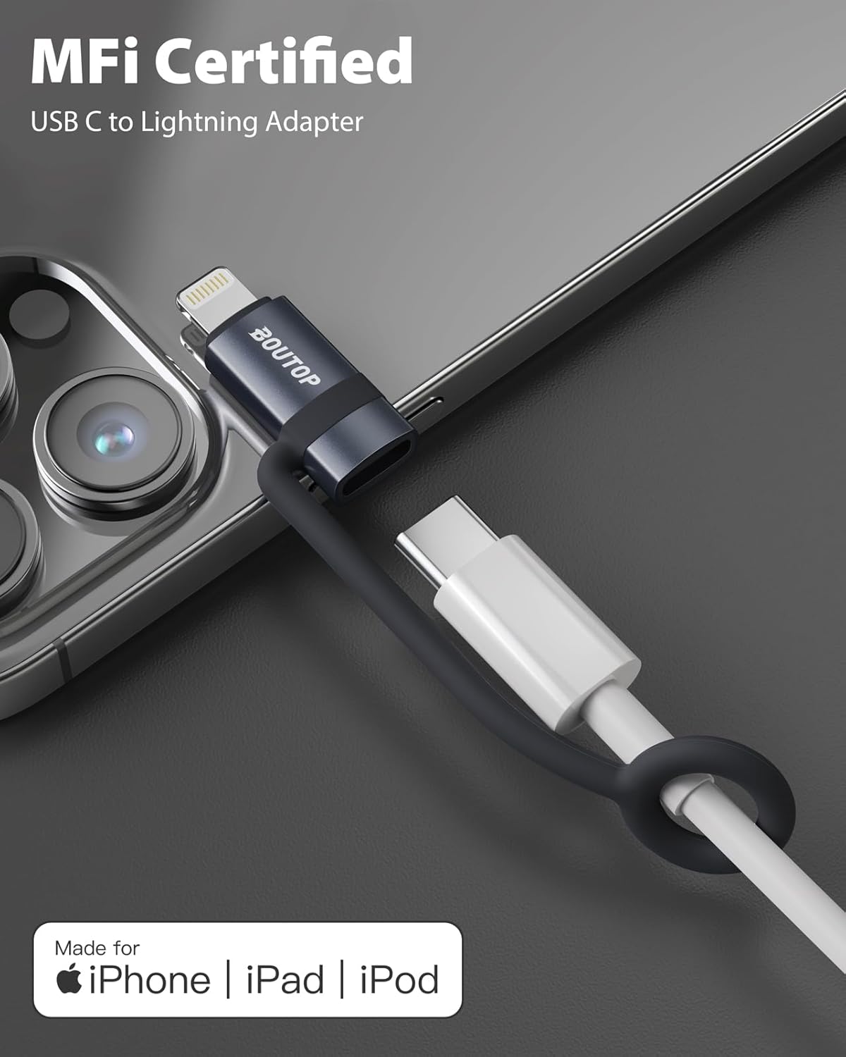 Certificado MFi Adaptador USB C a Lightning, adaptador tipo C a Lightning, compatible con carga rápida PD de 36 W, compatible con iPhone, iPad, gris