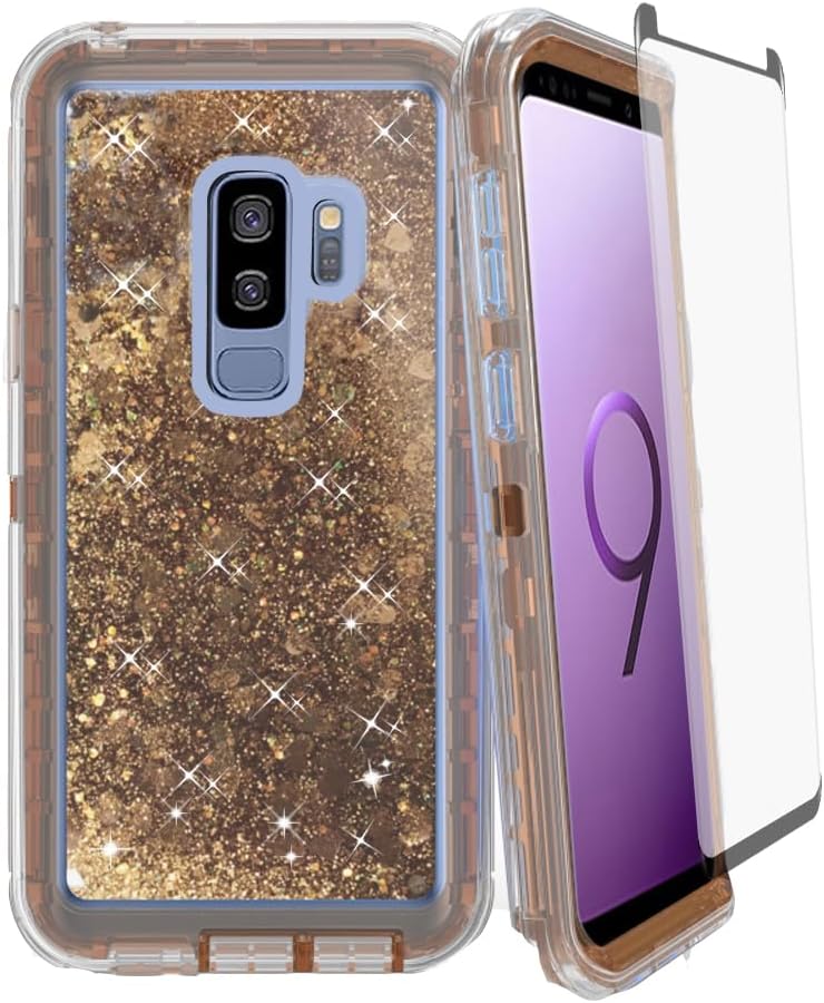 Asuwish Funda para teléfono Samsung Galaxy S9 Plus con protector de pantalla brillante líquida con purpurina transparente, híbrida, de grado