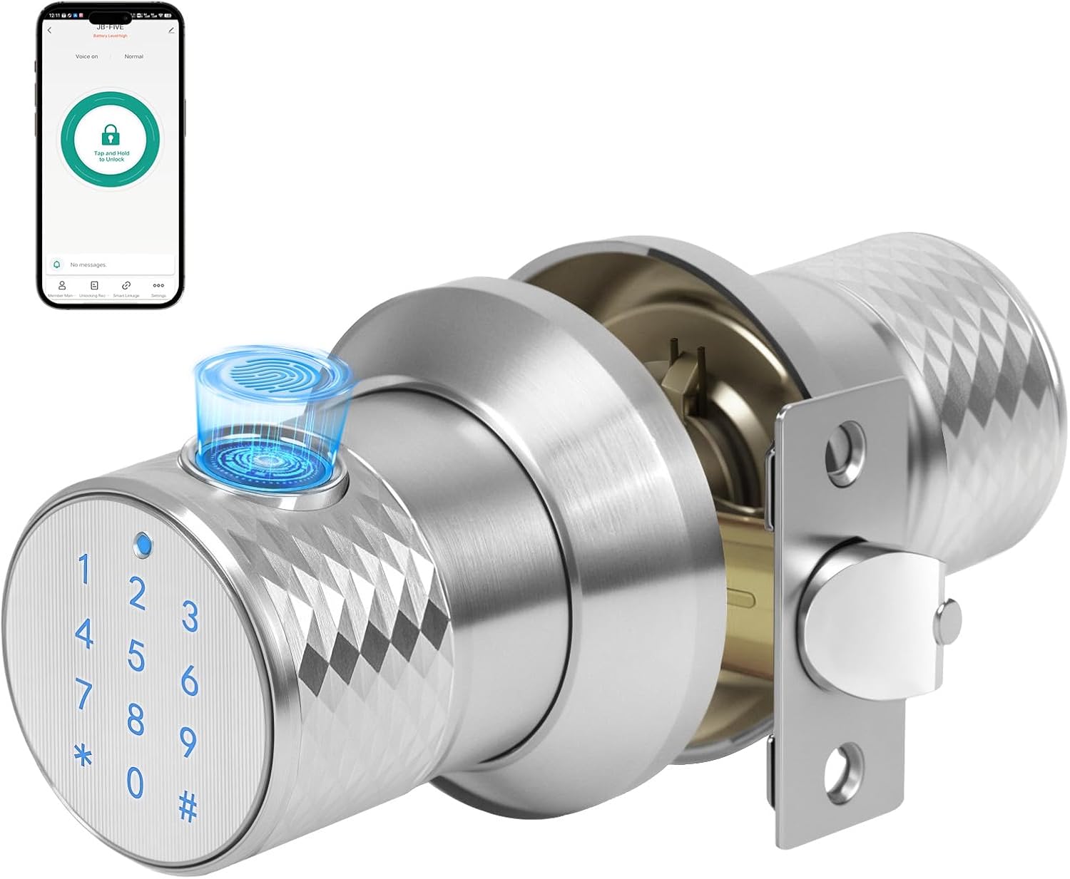 Pomo de puerta inteligente, aleación de zinc Zamak-3 plata, cerradura de perilla de puerta de huellas dactilares con 4 formas de desbloqueo