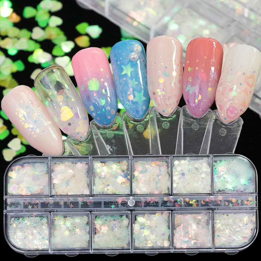 24 rejillas de lentejuelas holográficas para uñas y 1 pinza de arte de uñas, copos de sirena iridiscentes, calcomanías ultrafinas y coloridas con