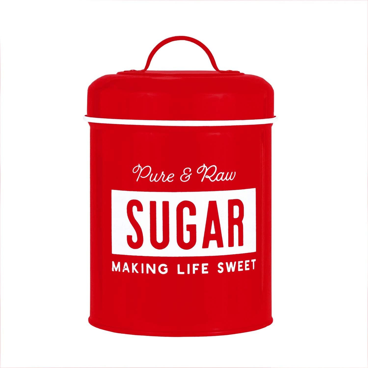 Amici Home Life Sweet – Recipiente de metal para azúcar, contenedor de almacenamiento de metal rojo con asas, capacidad de 64 onzas, recipiente de