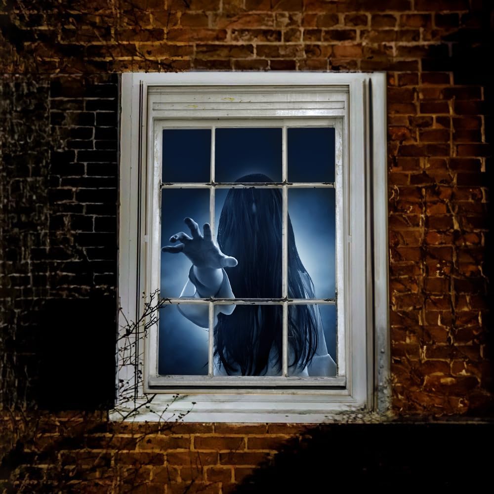 Decoración de ventana de Halloween, cortina de fantasma femenino, decoración aterradora para la pared de la puerta de la ventana, decoración de