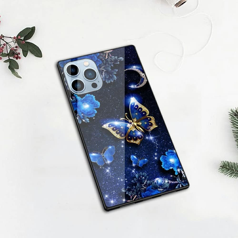 Funda cuadrada compatible con iPhone 13 Pro Max, elegante funda de mariposa azul para iPhone 13 Pro Max para niñas y mujeres, patrón de moda con