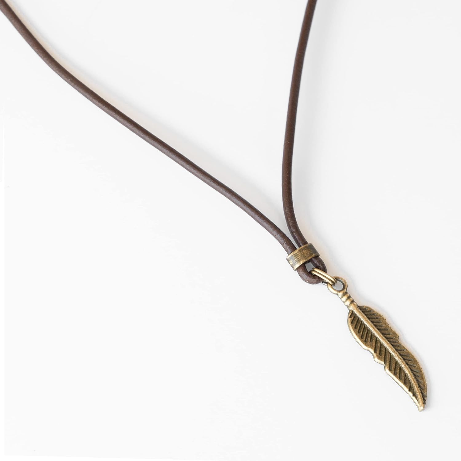 Men’s Feather Necklace, Short Brown Leather & Brass Pendant Choker Necklace for Men, Spiritual Nature Inspired Hippie Festival Choker for Men,