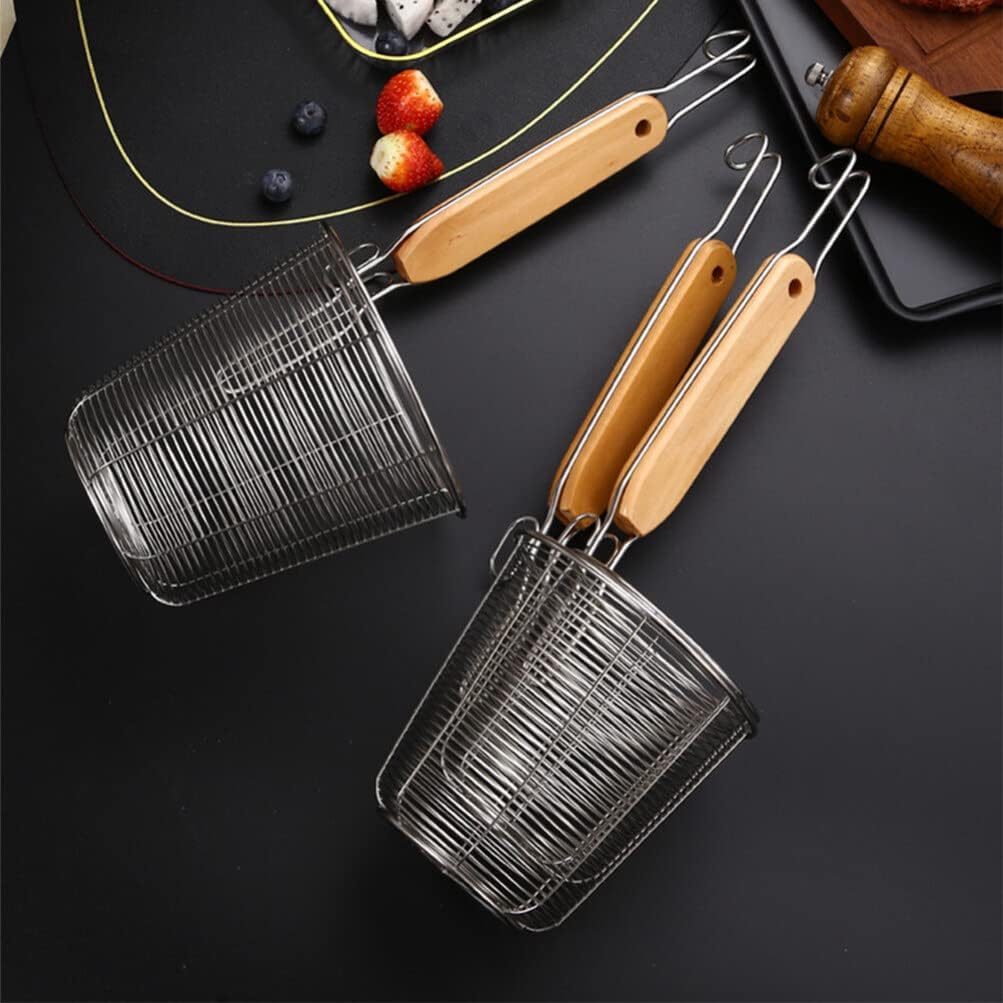 ZzzaNa Cesta de pasta de malla de acero inoxidable con mango de madera, colador de fideos para pasta, cuchara de espagueti, espumadera de cocina,