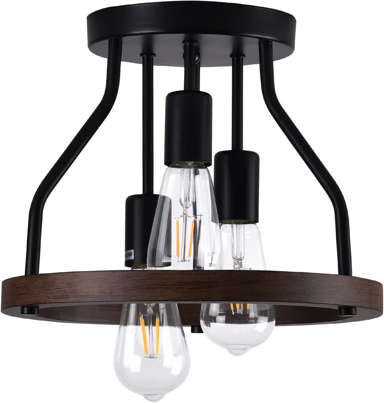 Lámpara de techo empotrada de 3 luces, marco de madera + pantalla de metal negro, lámpara de techo rústica para cocina, comedor, pasillo,