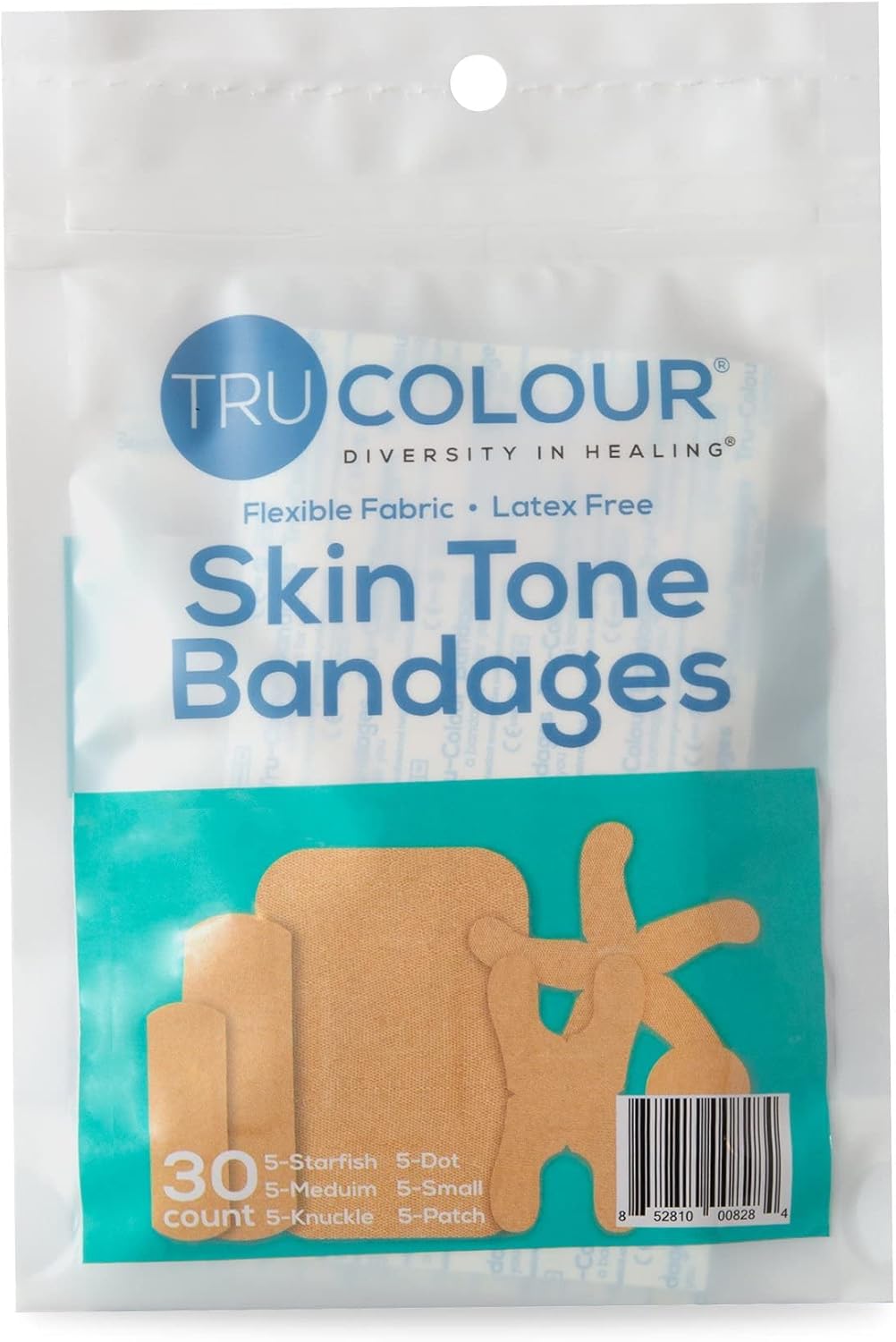 Tru Colour – Vendajes surtidos, vendajes adhesivos de tela flexible, tono de piel beige, bolsa aguamarina, 30 unidades