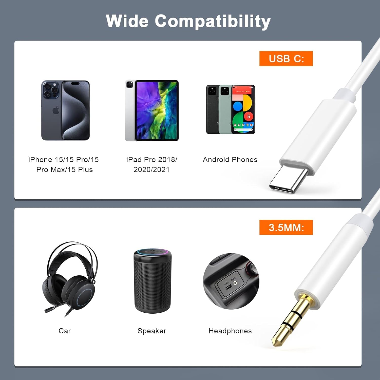 Cable de audio auxiliar para iPhone 15 a automóvil, 3.3 pies con certificado Apple MFi USB tipo C a 0.138 in para auriculares estéreo de automóvil,