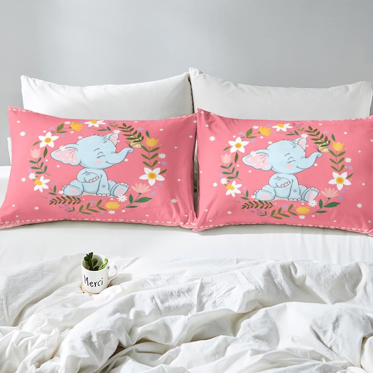 Erosebridal Juego de sábanas tamaño individual de elefante con diseño de animales del bosque para niñas y niños, juego de sábanas florales rosas y