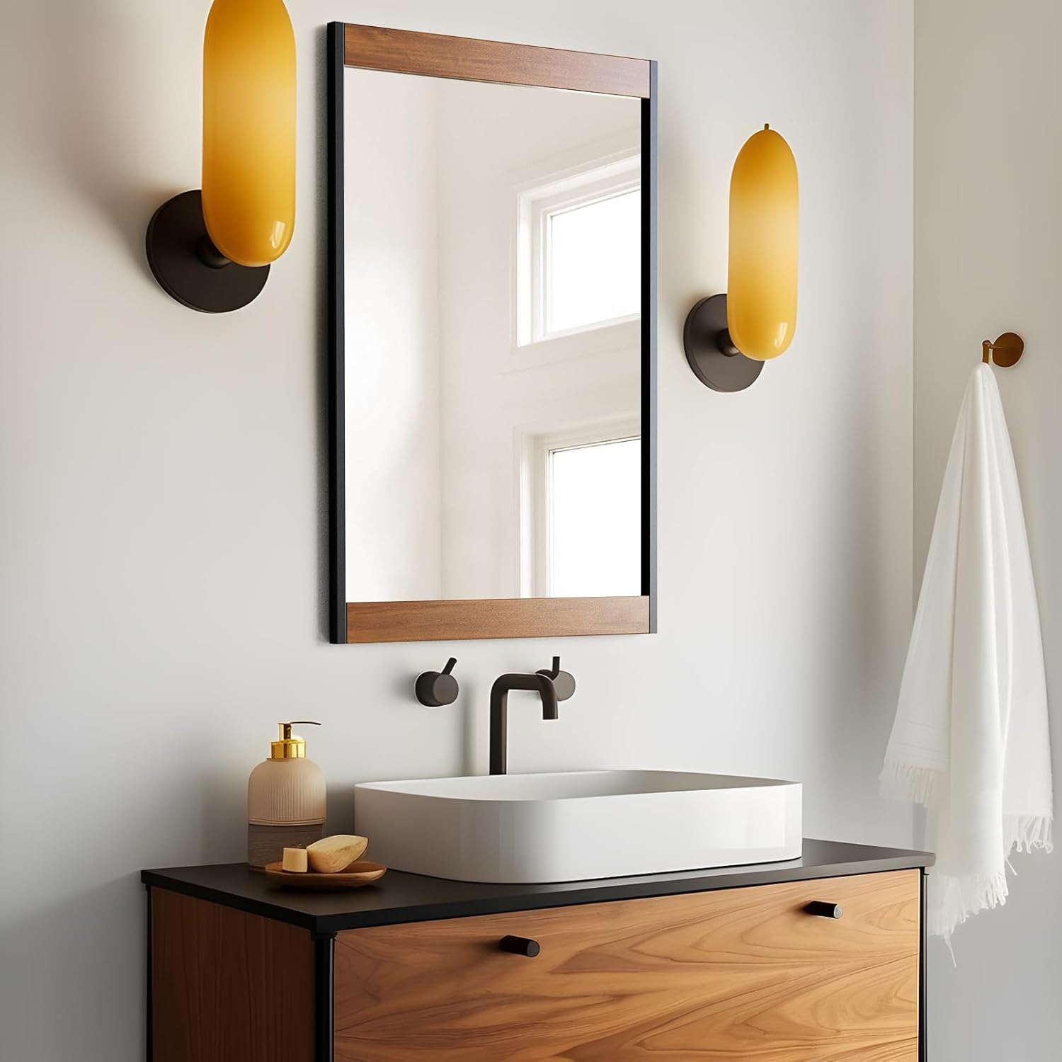 Espejo rústico de 24 x 36 pulgadas, espejo de pared de granja, espejos con marco de madera y metal para baño, espejo rectangular grande para sala de