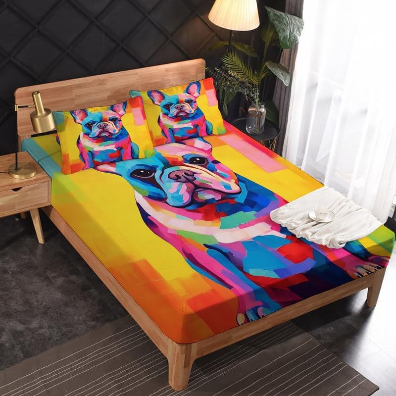 zcsm Juego de sábanas tamaño individual sábanas de bulldog francés, sábanas y fundas de almohada coloridas para cachorros, microfibra suave,