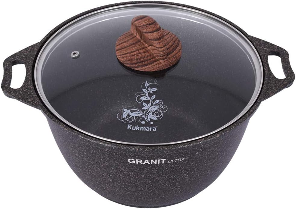 Olla de aluminio con tapa de vidrio “Granit ultra” Olla de cocina (4.2 cuartos de galón))