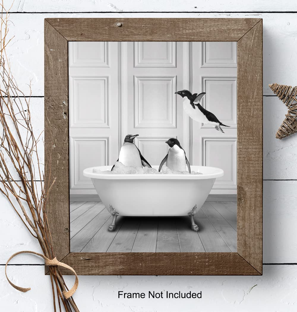 Cute Penguin Bathroom Wall Art LARGE 11×14 – Funny Black Bathroom Decor – Unique Bathroom Wall Decor – Guest Bathroom Art – Powder room Wall Art –