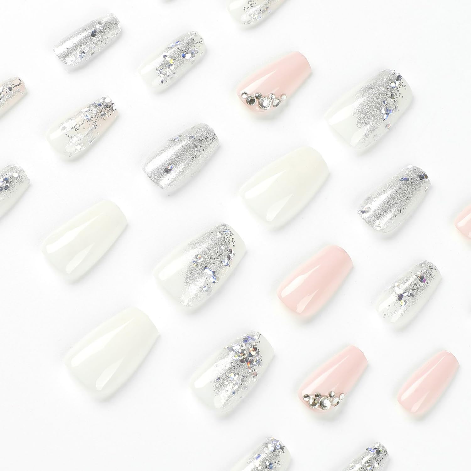 Uñas postizas artificiales a presión de longitud media con diseño de lentejuelas plateadas, cobertura completa, reutilizables, rosadas, en forma de