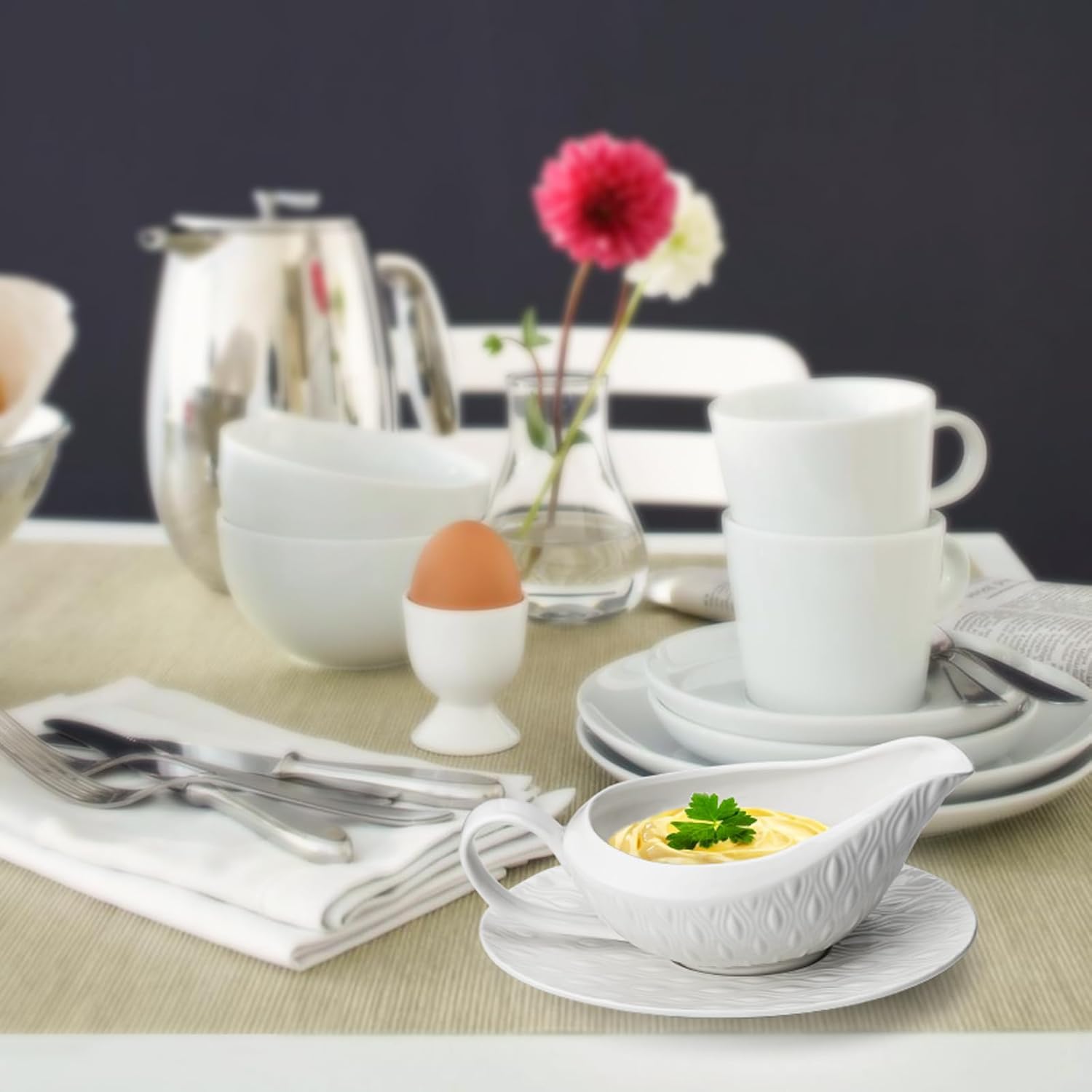 Barco de salsa de porcelana, cuenco de salsa de 16 onzas con platillo para caldo, aderezos de ensalada, crema, leche, pimienta negra (blanco)