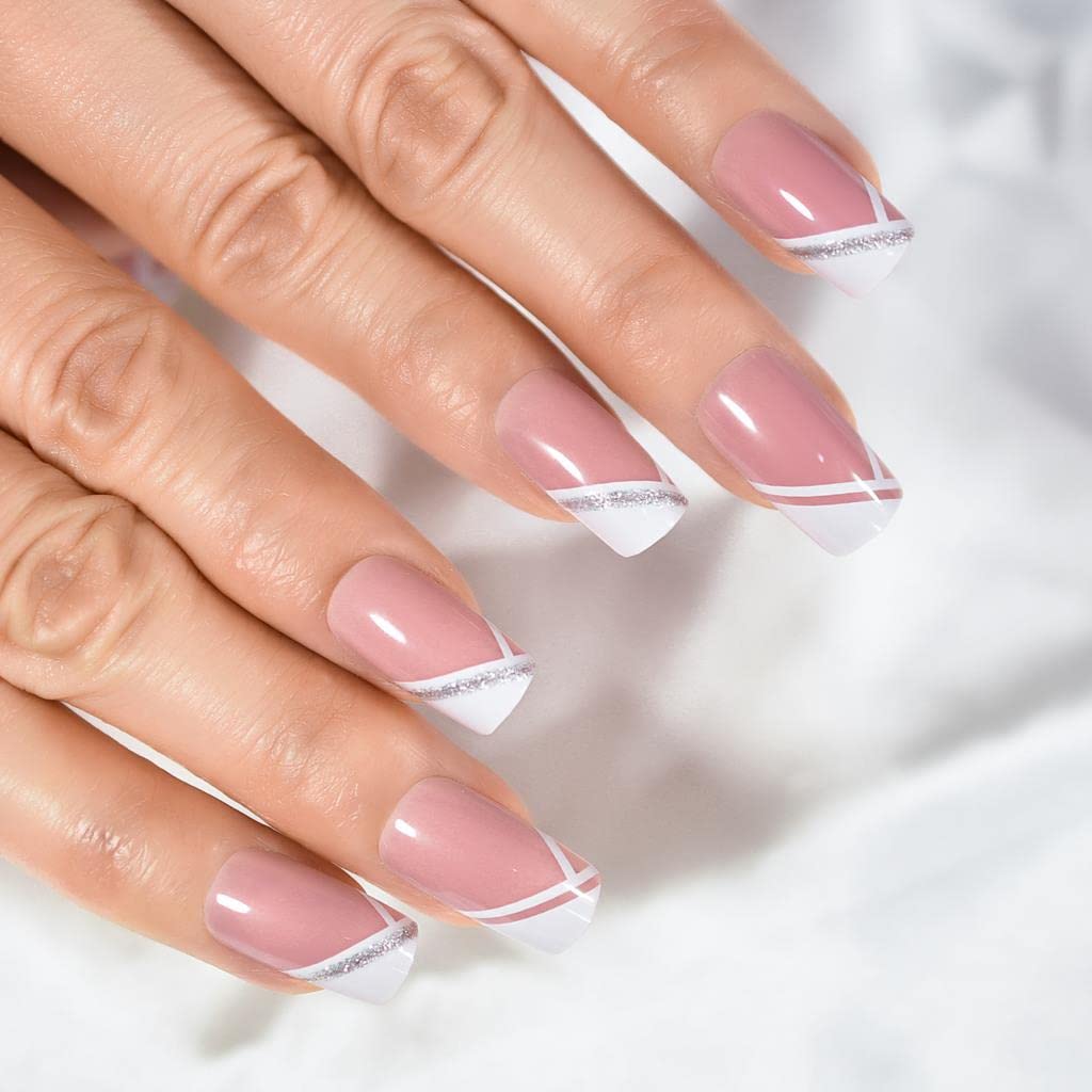 iBeautying – Uñas postizas a presión blancas y rosas francesas, uñas postizas con acabado de gel UV, uñas postizas reutilizables con purpurina