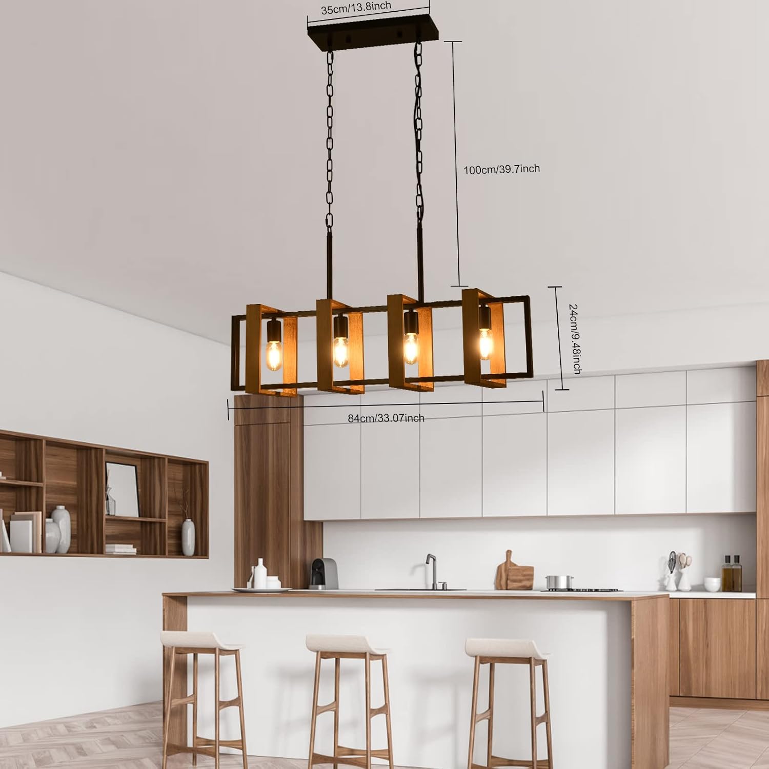 Lámpara de araña de 33 pulgadas para isla de cocina, lámpara rústica de 4 luces, lámpara colgante industrial moderna negra para mesa de comedor y