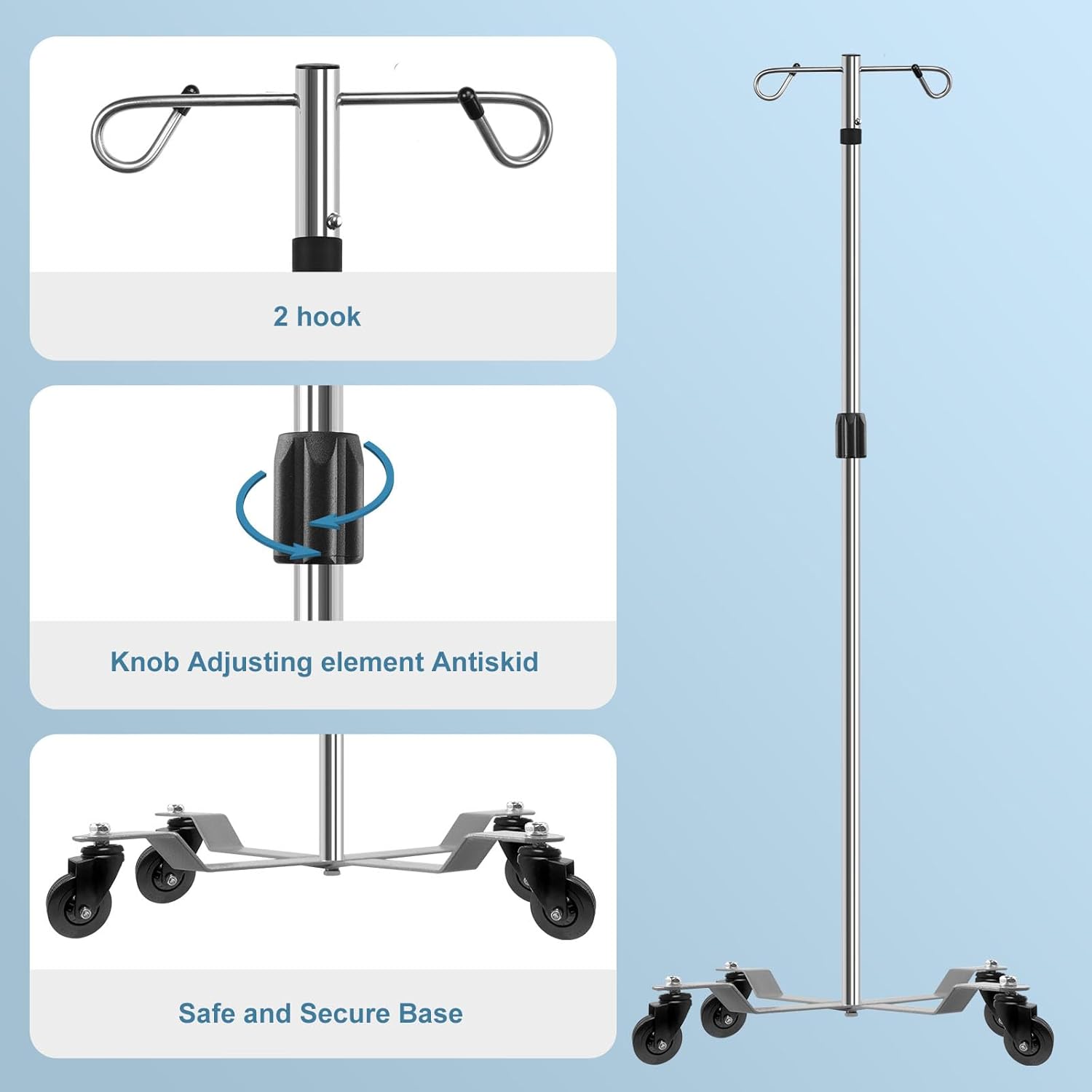 IV Postes IV Soportes 2 Ganchos 4 Patas Portátil Rodante con Acero Inoxidable Altura Ajustable 2PCS