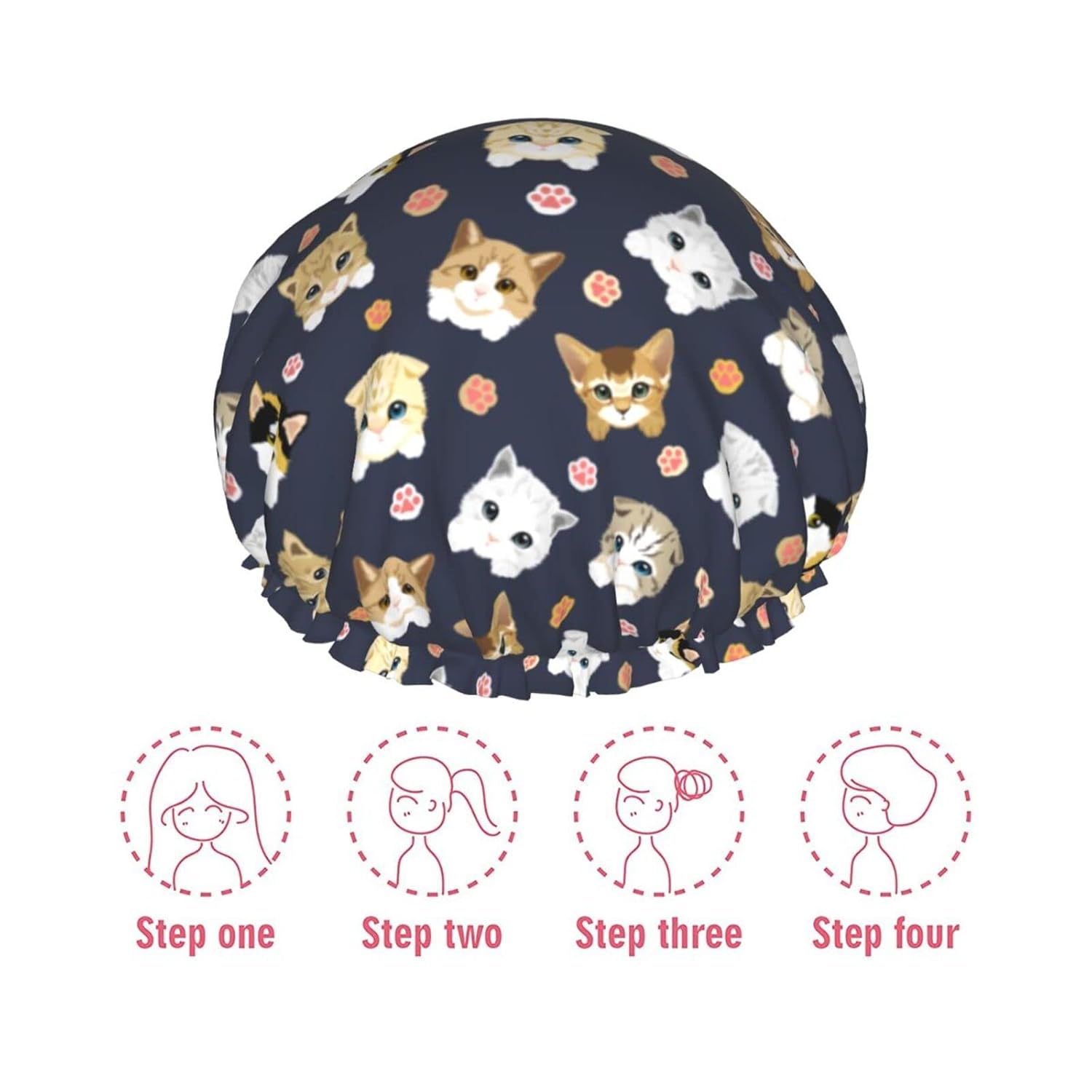 Gorro de ducha con diseño de pata de gato para mujer, gorro de ducha reutilizable e impermeable, doble capa con forro de Peva y banda elástica para