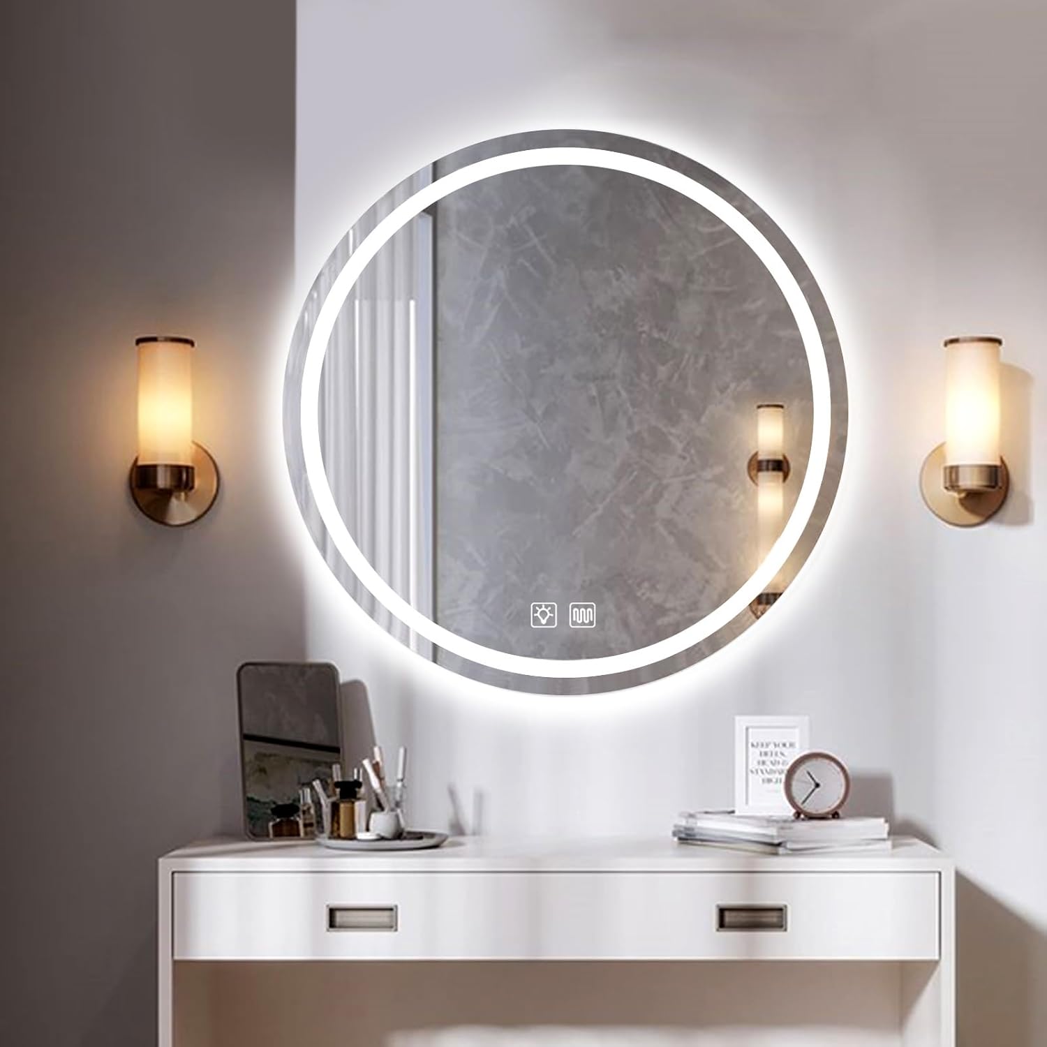 DELURA Espejo de baño redondo LED con luces, 3 colores de temperatura frontal, redondo, grande, espejo de tocador con luces, círculo antivaho