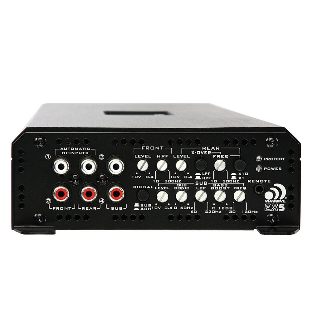 Massive Audio Serie Blade Power EX5. 2500 vatios, 5 canales, estable de 1 ohmio, híbrido de clase ABD, amplificador de coche con refuerzo de graves,