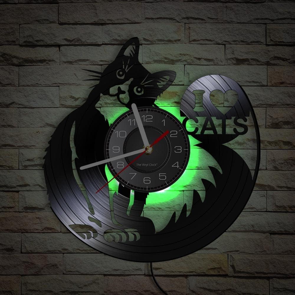 Love Cat – Reloj de pared de vinilo con temática de gato con función de luz nocturna LED, regalo hecho a mano para amantes de las mascotas y niños