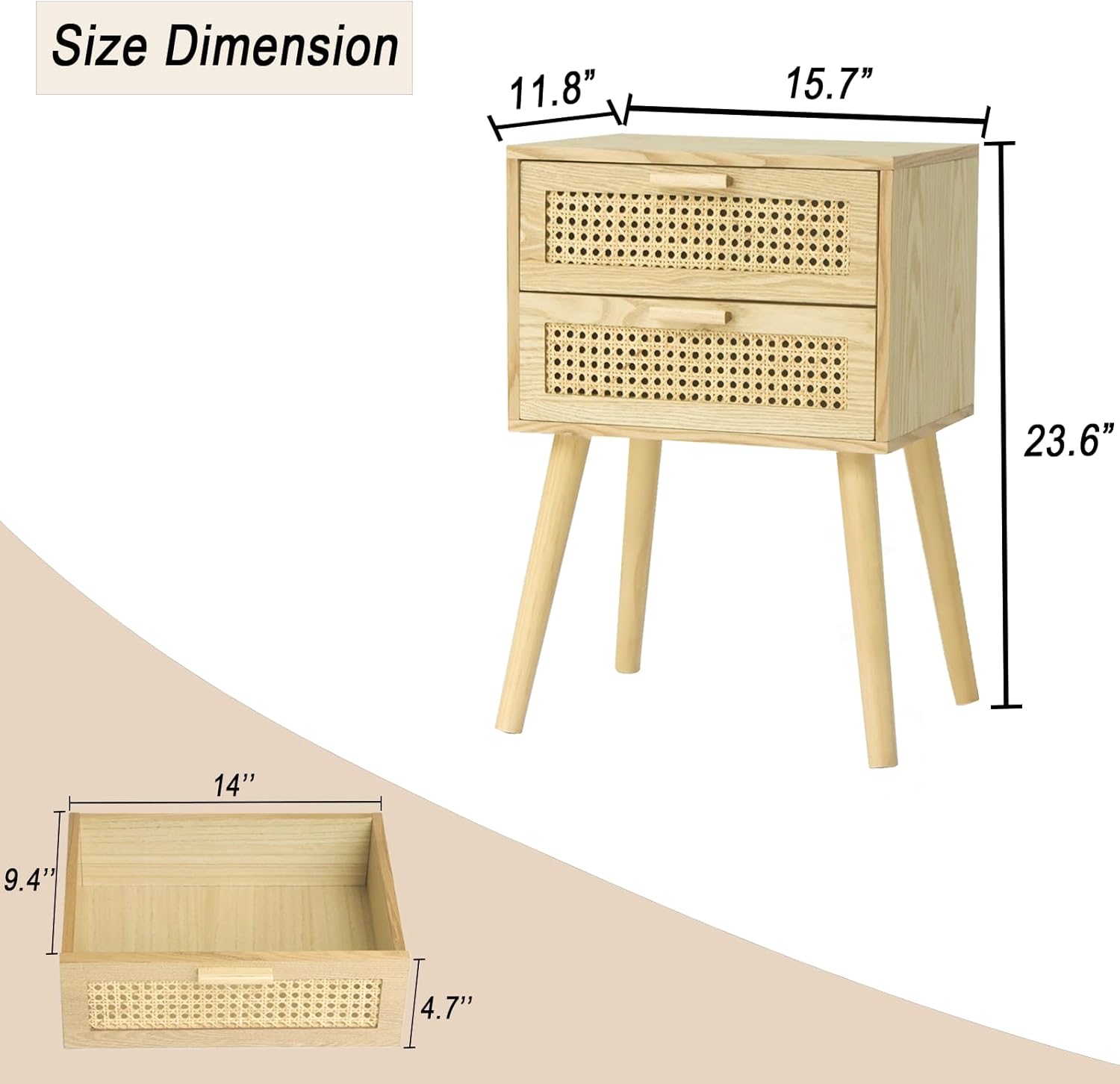 AWASEN Mesita de noche de ratán con cajones, moderna mesita de noche con almacenamiento, mesa auxiliar de madera para dormitorio y espacio pequeño