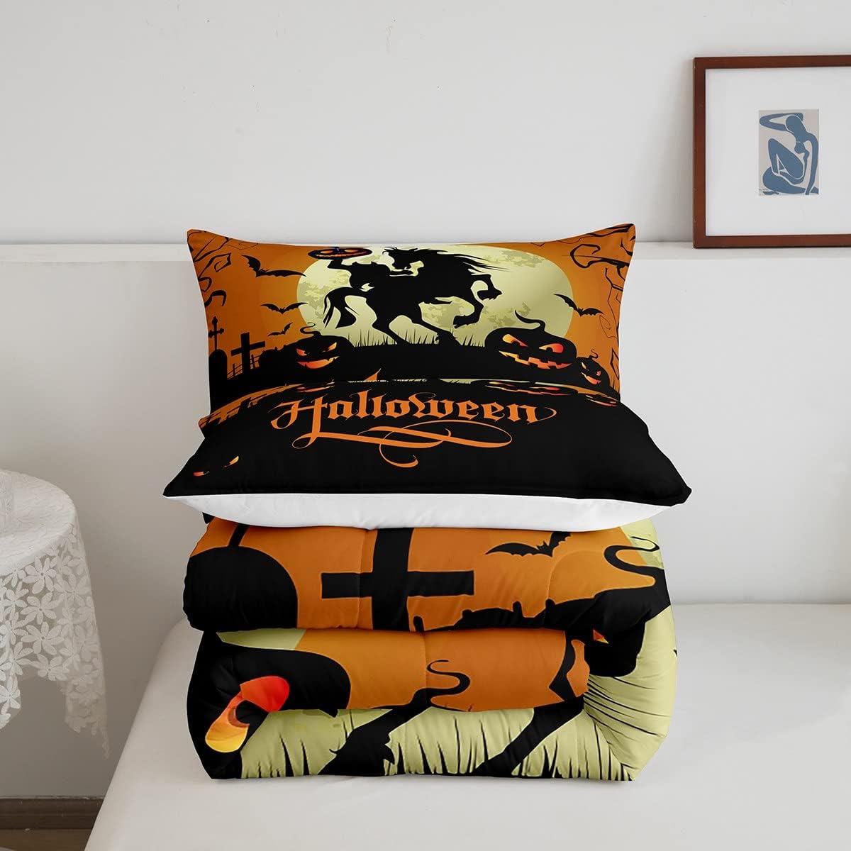 Erosebridal Juego de ropa de cama con temática de Halloween, tamaño King, Kawaii, calabaza, murciélagos, juegos de ropa de cama con estampado de