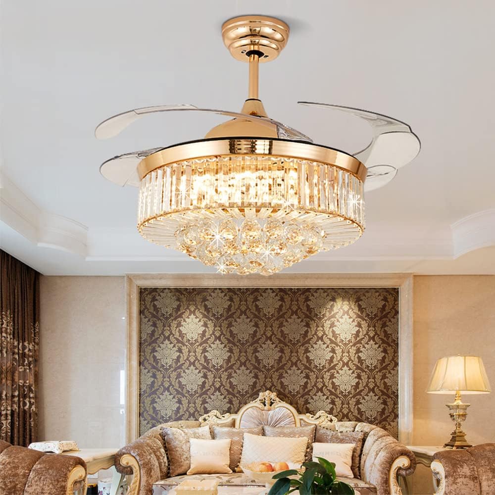 LUOLAX Candelabro de techo de cristal moderno de 42 pulgadas y control remoto, 3 colores y 3 velocidades de cambio, lámpara LED retráctil para sala
