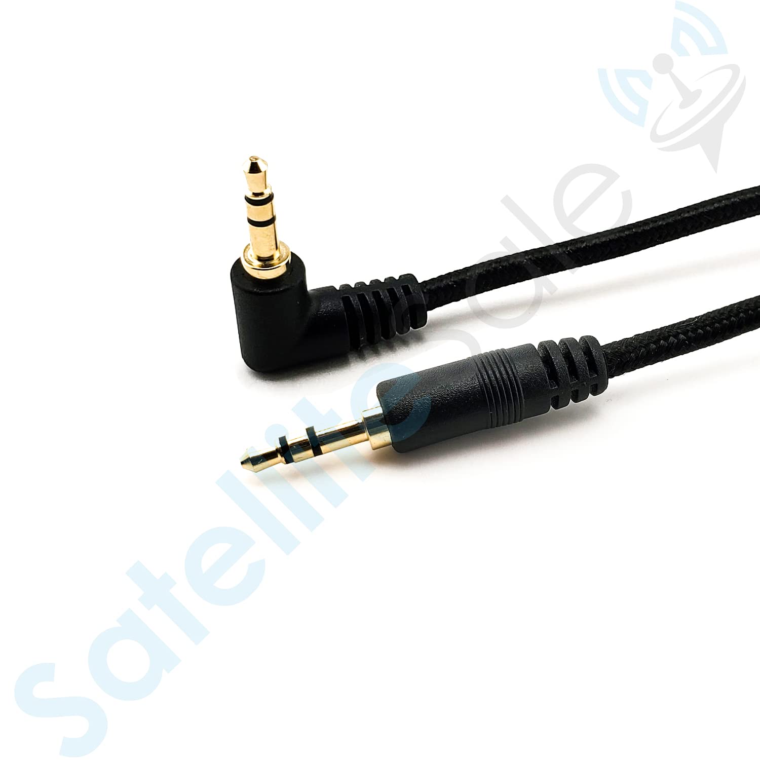 SatelliteSale Auxiliary 3.5mm Right Angle Audio Jack Male to Male Digital Stereo Aux Cable Universal Wire Black Nylon Cord 3 feet