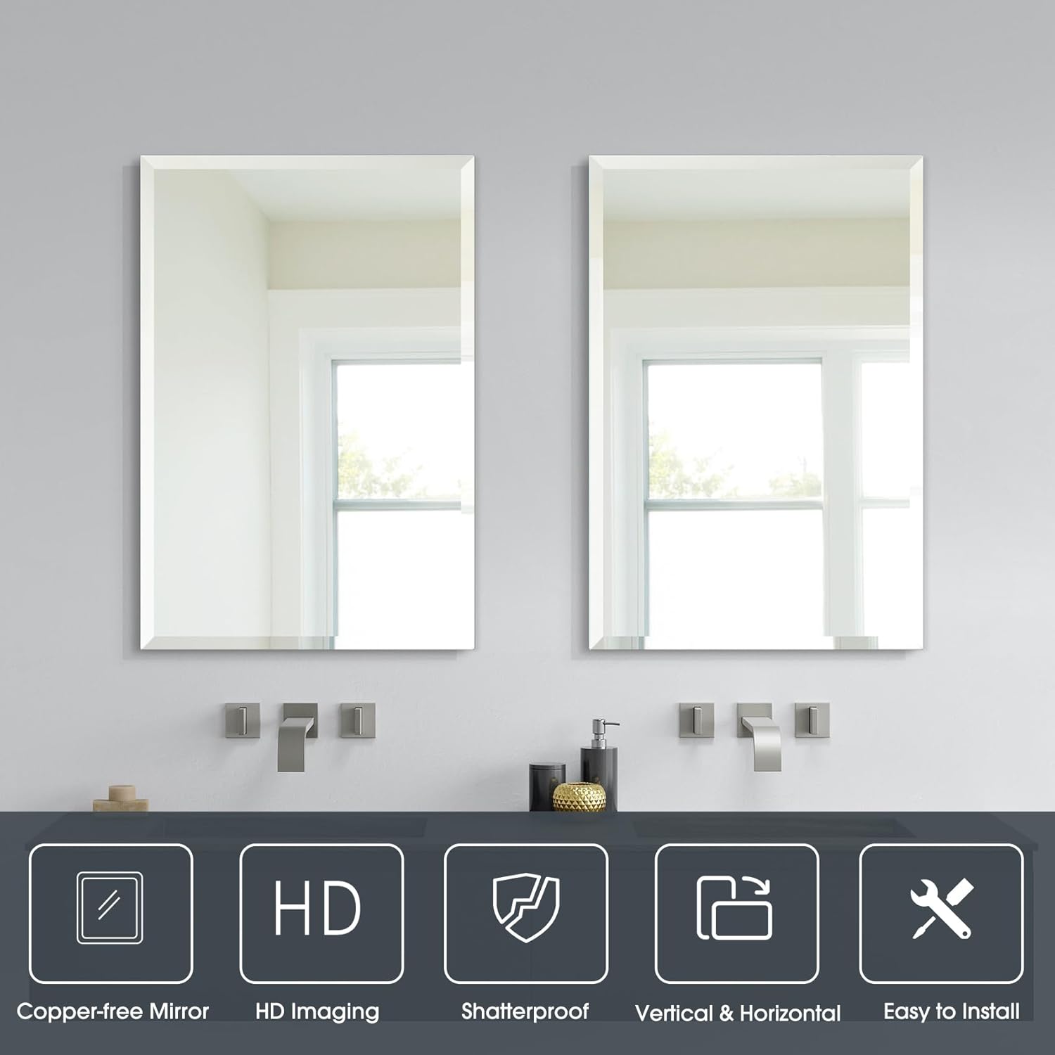 2 espejos de pared sin marco de 20 x 30 pulgadas, espejo biselado de 1 pulgada, espejos rectangulares de baño para pared, espejos de tocador de
