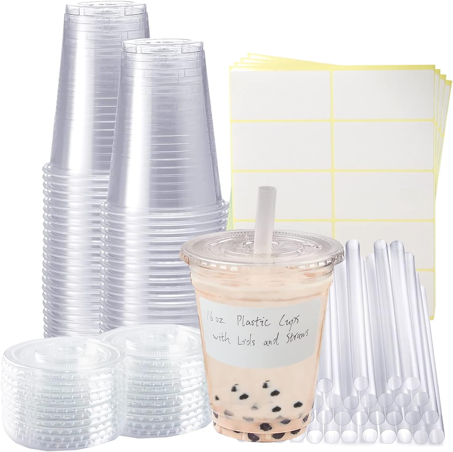 50 juegos de vasos de plástico transparente con tapas planas, tazas de café desechables de 16 onzas con pajitas y calcomanías, tazas de plástico