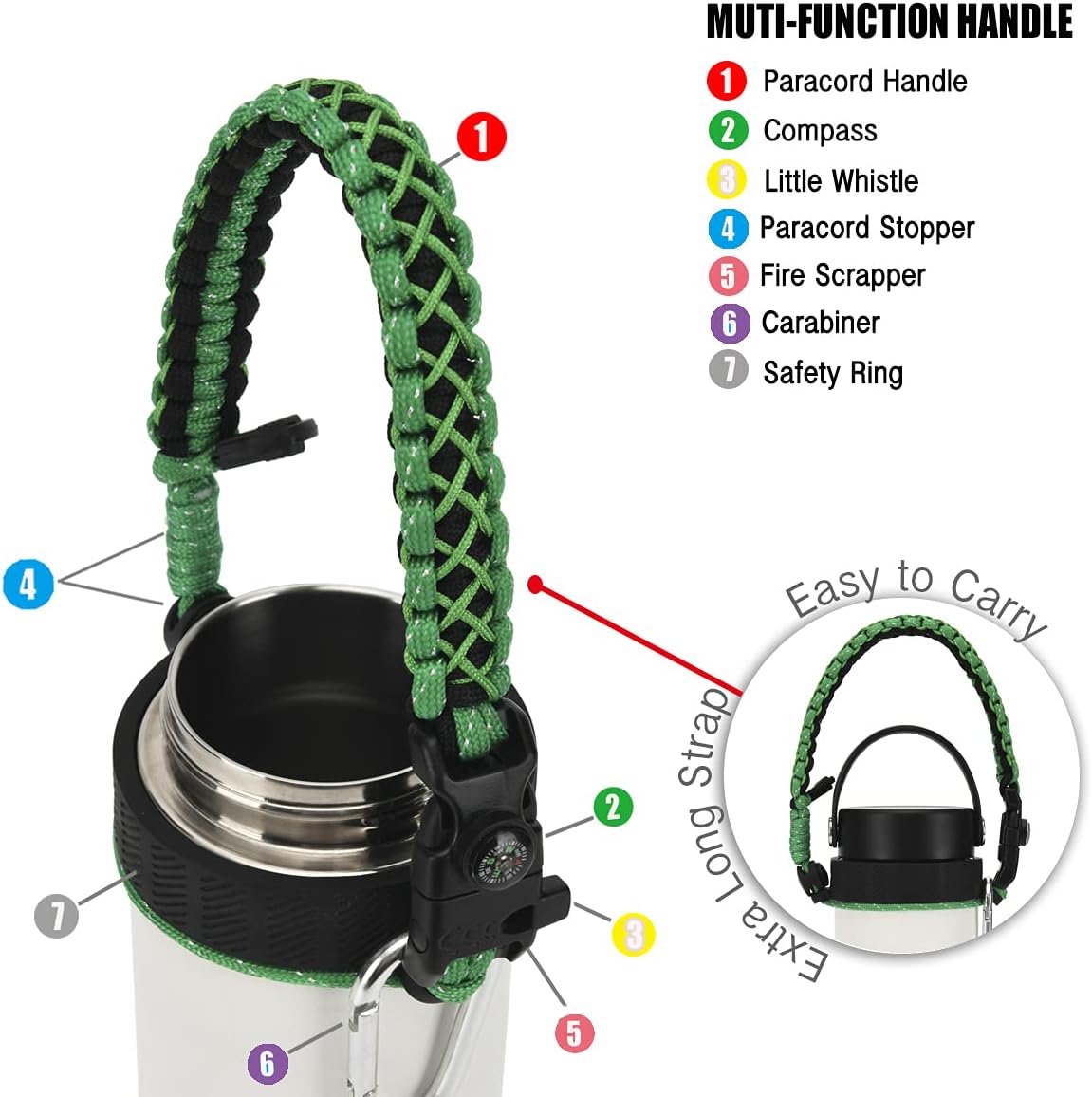 QeeCord – Asa de cuerda de paracaídas para botella Hydro Flask 2.0 de boca ancha estándar con anillo y mosquetón (12, 16, 18, 20, 32, 40 y 64 onzas)