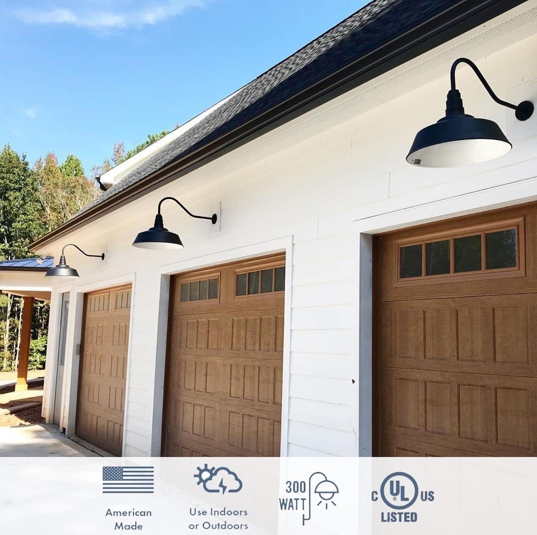 Steel Lighting Co. Redondo – Luz de granero  Montaje en pared al aire libre  Cúpula de 20 pulgadas  Cuello de cisne de 16 pulgadas  Luz grande de