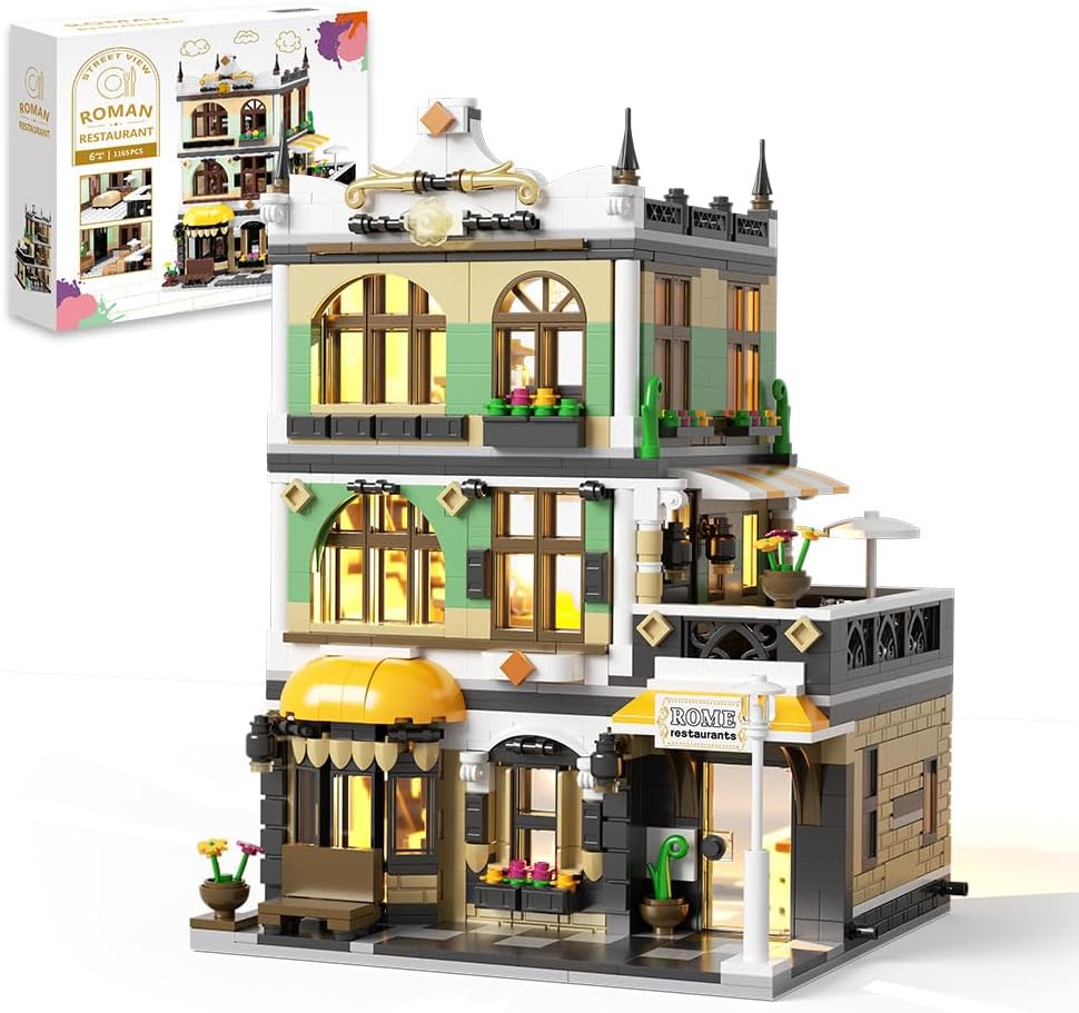 Mini juegos de construcción de restaurante urbano con LED, bloque de construcción de juguete de aprendizaje STEM para adultos, adolescentes, niños y