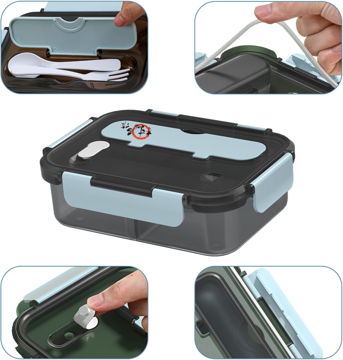 Caja Bento para adultos, loncheras de 3 compartimentos, caja Bento de 50.7 fl oz con cuchara y tenedor, a prueba de fugas, gruesa, duradera para