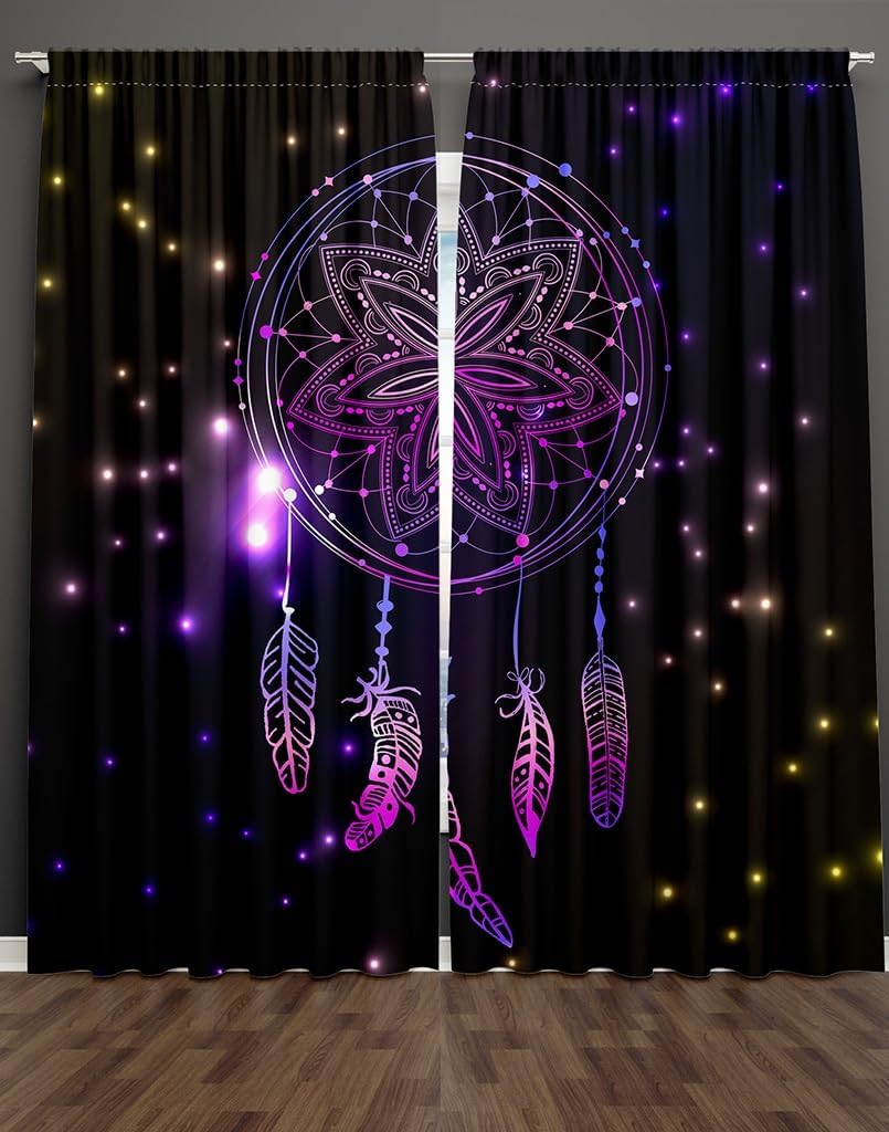 2 paneles de cortina de oscurecimiento de habitación, atrapasueños negro violeta con adorno y estrellas de cielo nocturno, cortinas opacas con