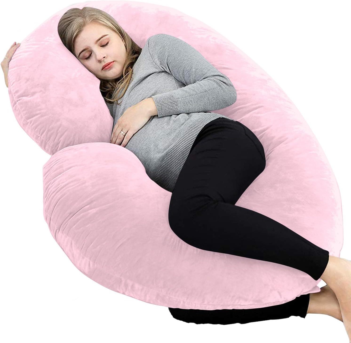 Almohadas de embarazo de 60 pulgadas, almohada de cuerpo completo en forma de C, funda de algodón egipcio, rosa claro, almohadas de embarazo para