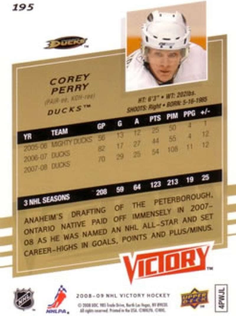 2008-09 Upper Deck Victory Hockey #195 Corey Perry Anaheim Ducks Official NHL Trading Card (Stock Photo Shown, Near Mint or Better Condition)