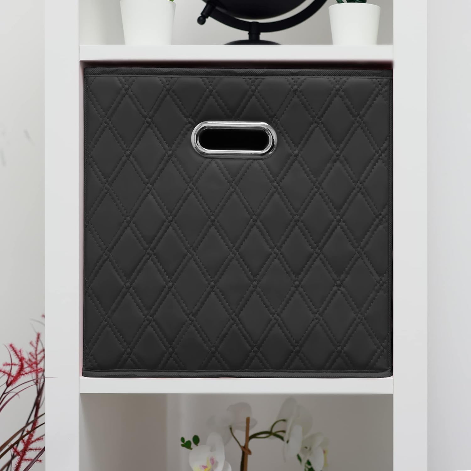 Juego de cuatro cubos de almacenamiento plegables de piel sintética con patrón de diamante negro de 11 pulgadas con asas dobles para sala de estar,