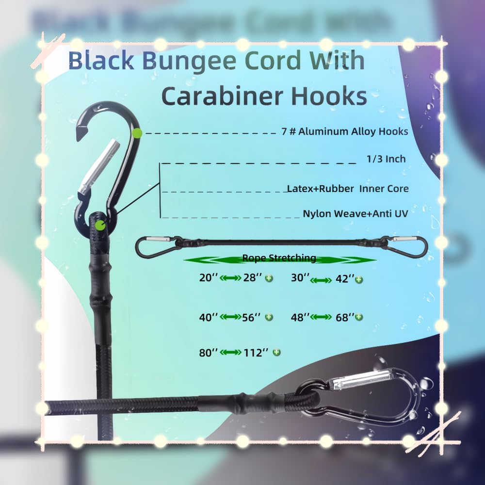 Lanlord Látex negro resistente al aire libre 20 pulgadas cuerdas elásticas con ganchos de mosquetón 20 pulgadas BC6pcs