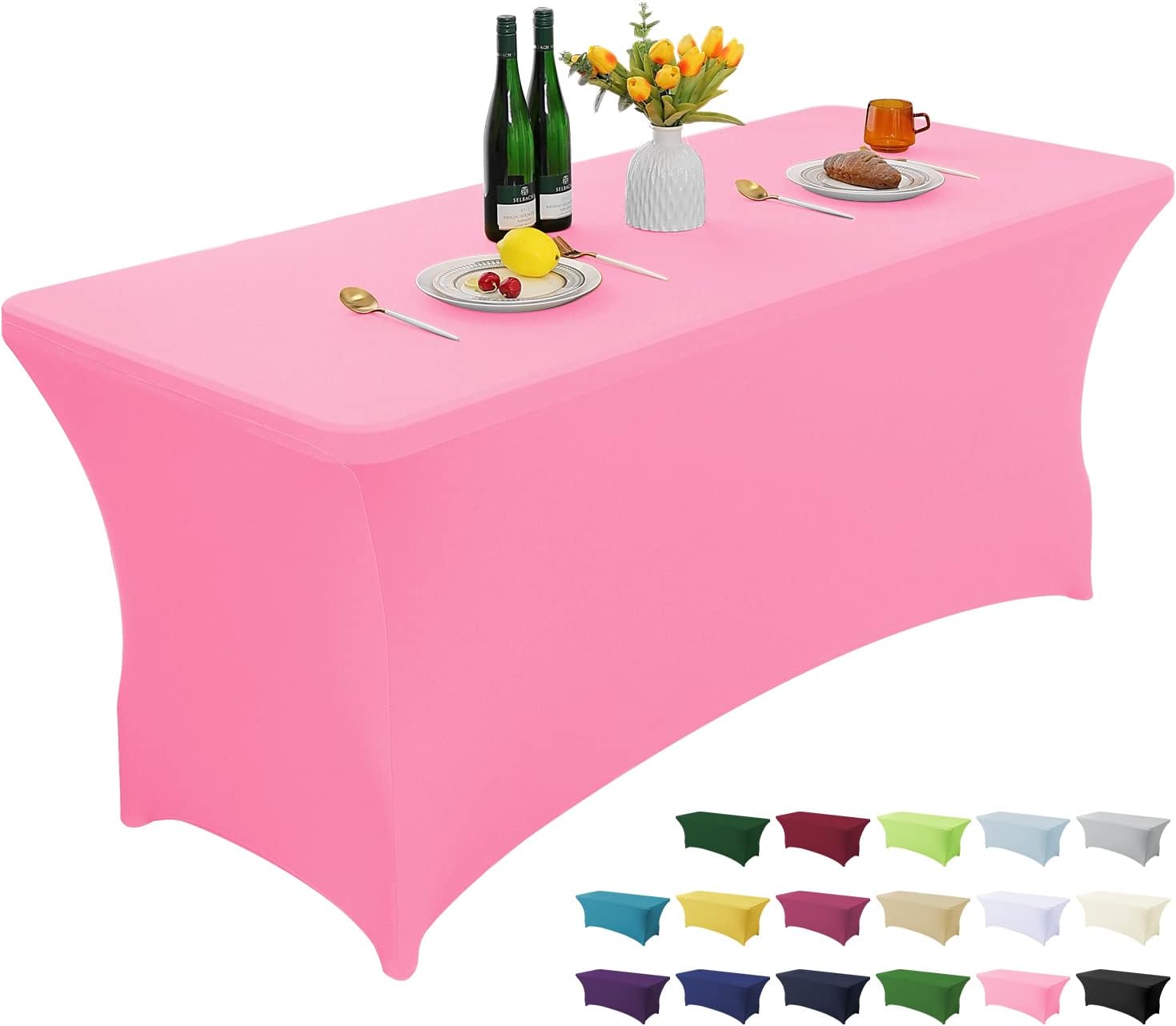 AZON Mantel de elastano elástico de 6 pies, lavable y resistente a las arrugas, color rosa, para cocina, mesa rectangular ajustable para fiestas,