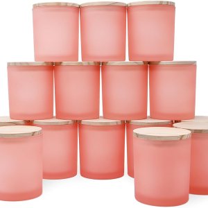 SHOWIN Tarros de vela de vidrio de 10 onzas para hacer velas, 15 unidades, tarros de color rosa esmerilado con tapas de madera para tarros de SHOWIN Tarros de vela de vidrio de 10 onzas para hacer velas, 15 unidades, tarros de color rosa esmerilado con tapas de madera para tarros de