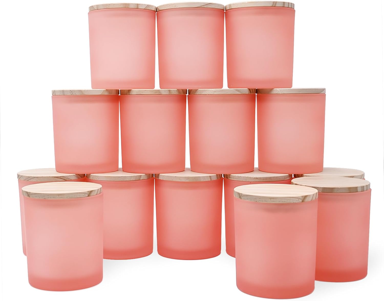 SHOWIN Tarros de vela de vidrio de 10 onzas para hacer velas, 15 unidades, tarros de color rosa esmerilado con tapas de madera para tarros de