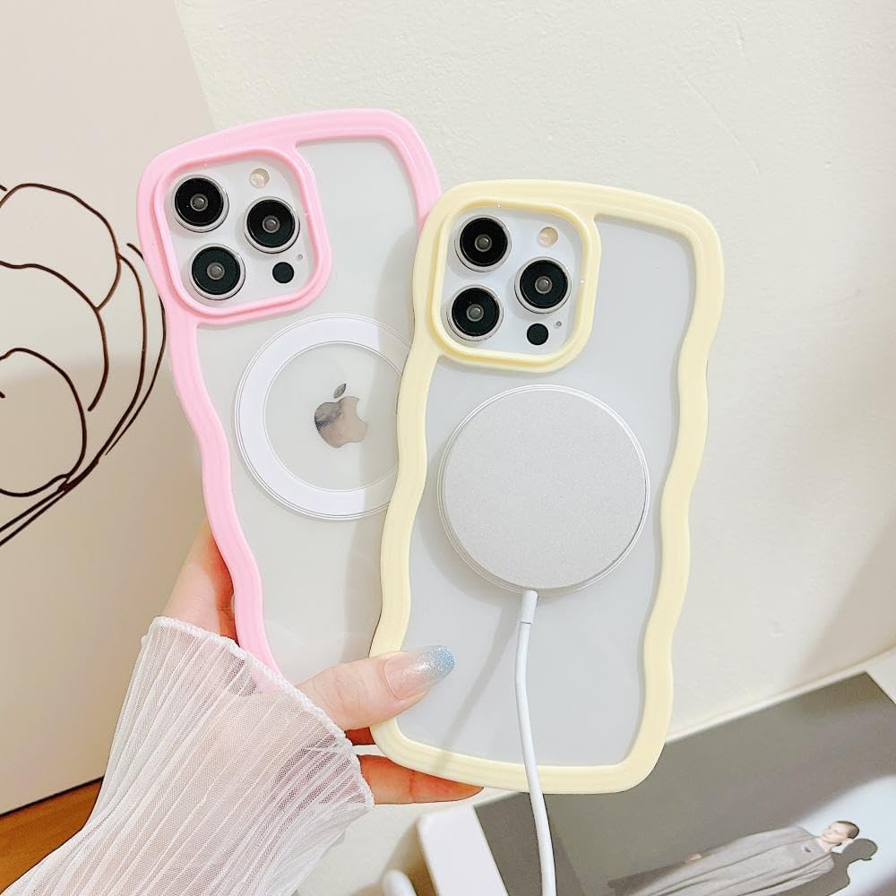 MINSCOSE Funda magnética para iPhone 15 compatible con Magsafe, bonito marco ondulado rizado con diseños de moda transparentes, TPU suave a prueba