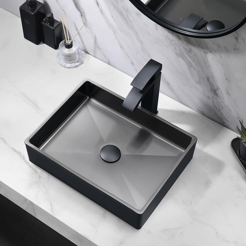 Fregadero de baño negro de 16 x 12 pulgadas, fregadero rectangular sobre mostrador para baño, fregadero de acero inoxidable negro calibre 16 con