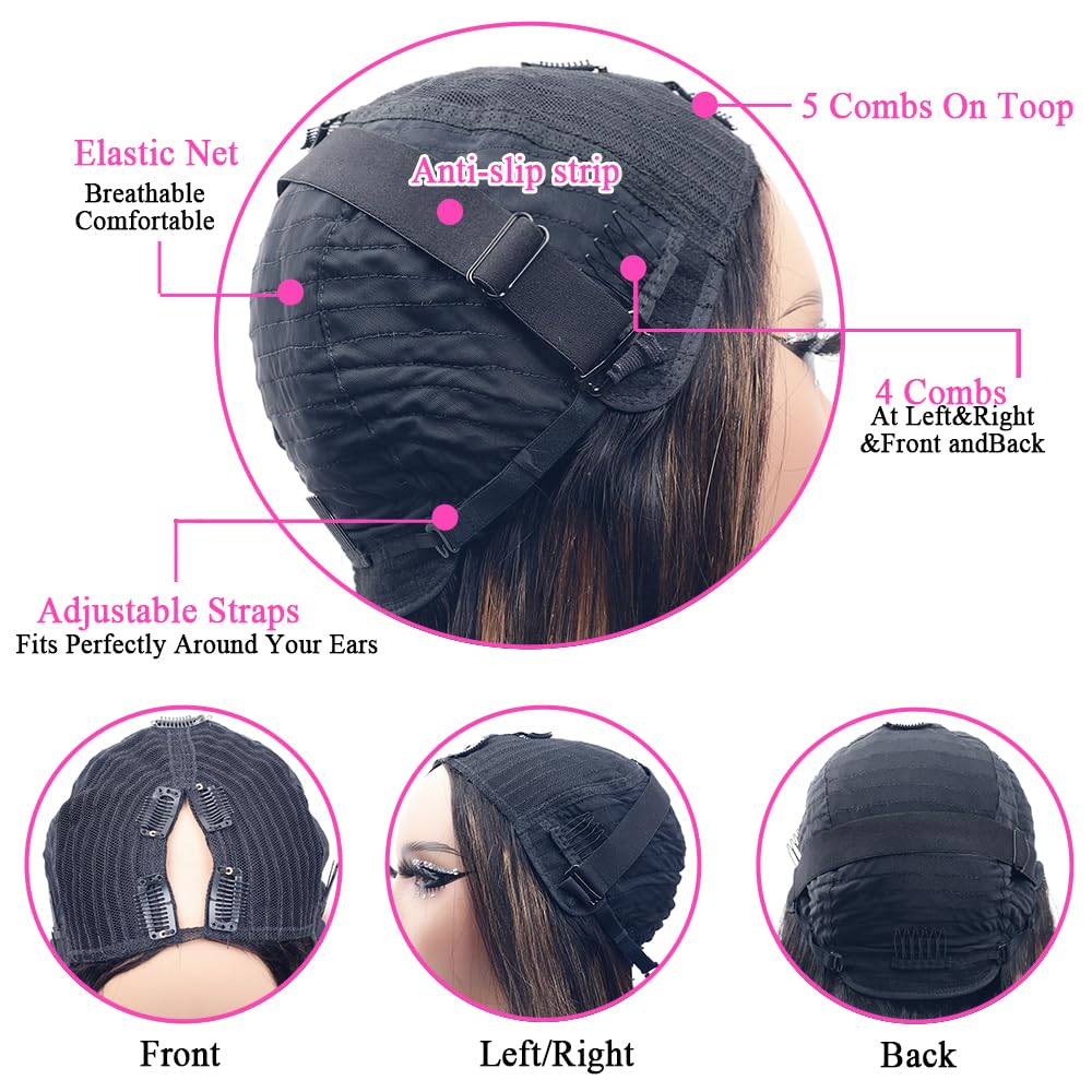 Pobokix Pelucas de cabello humano virgen brasileño lacio con reflejos degradados, con parte en U, 180% de densidad, sin pegamento, con clip de
