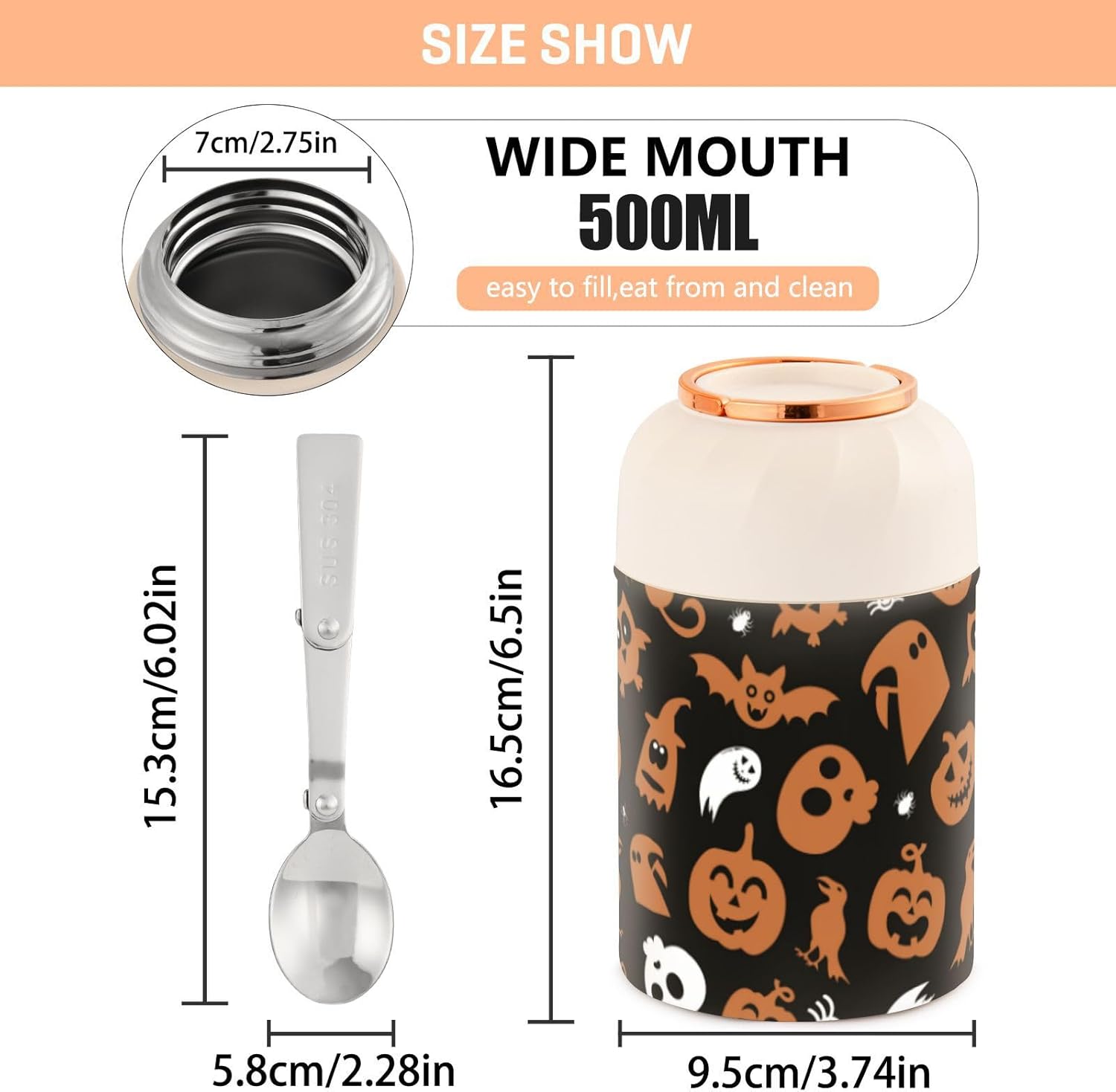 Halloween Design Kids Womens Lunch Insulated Jar with Spoon 17oz500ml Food Containers For Hot Food Stainless Steel Vacuum Wide Mouth Flask Insulated
