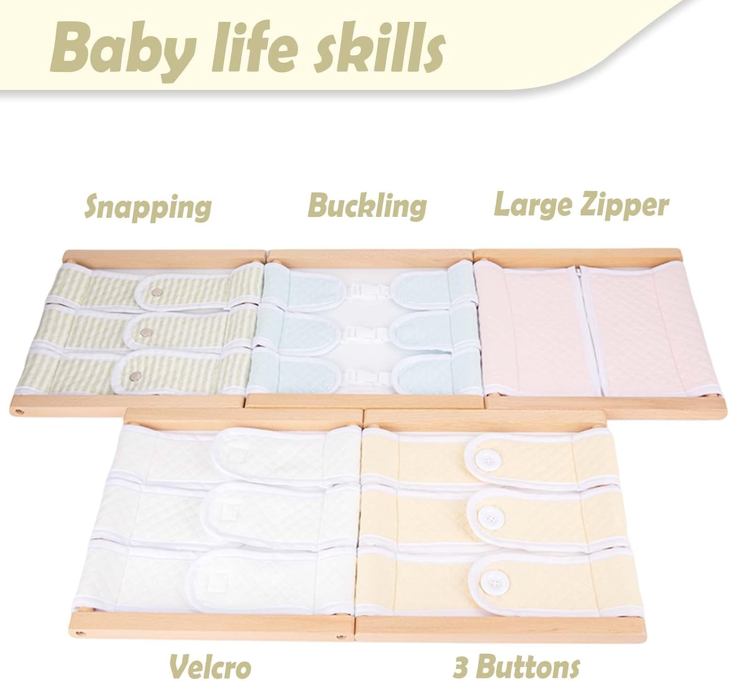 Montessori – Juguetes de madera para vestirse, tabla de aprendizaje para aprender habilidades básicas de vestir botones, broches de presión,